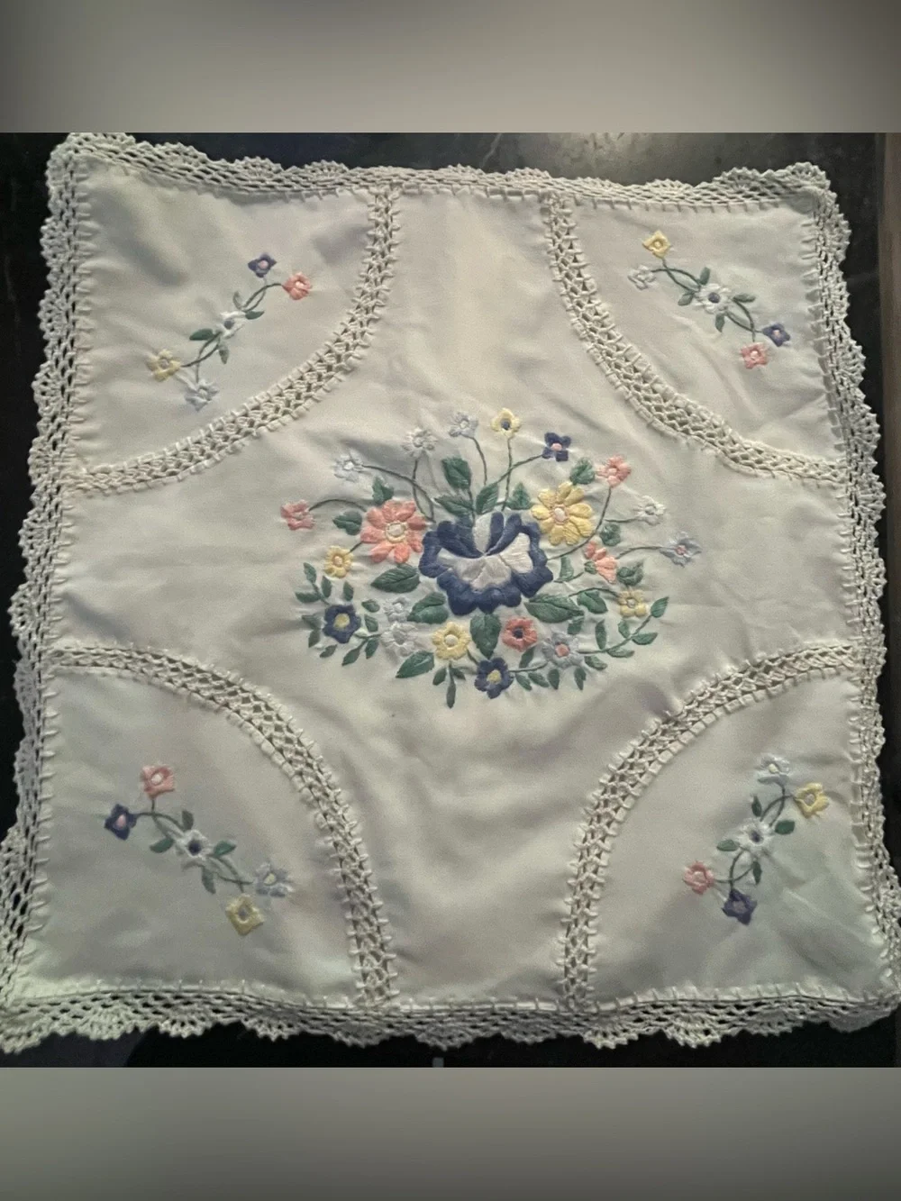 Vintage Hand Embroidered Floral Pillow Cover White Crochet Lace Trim 16x16